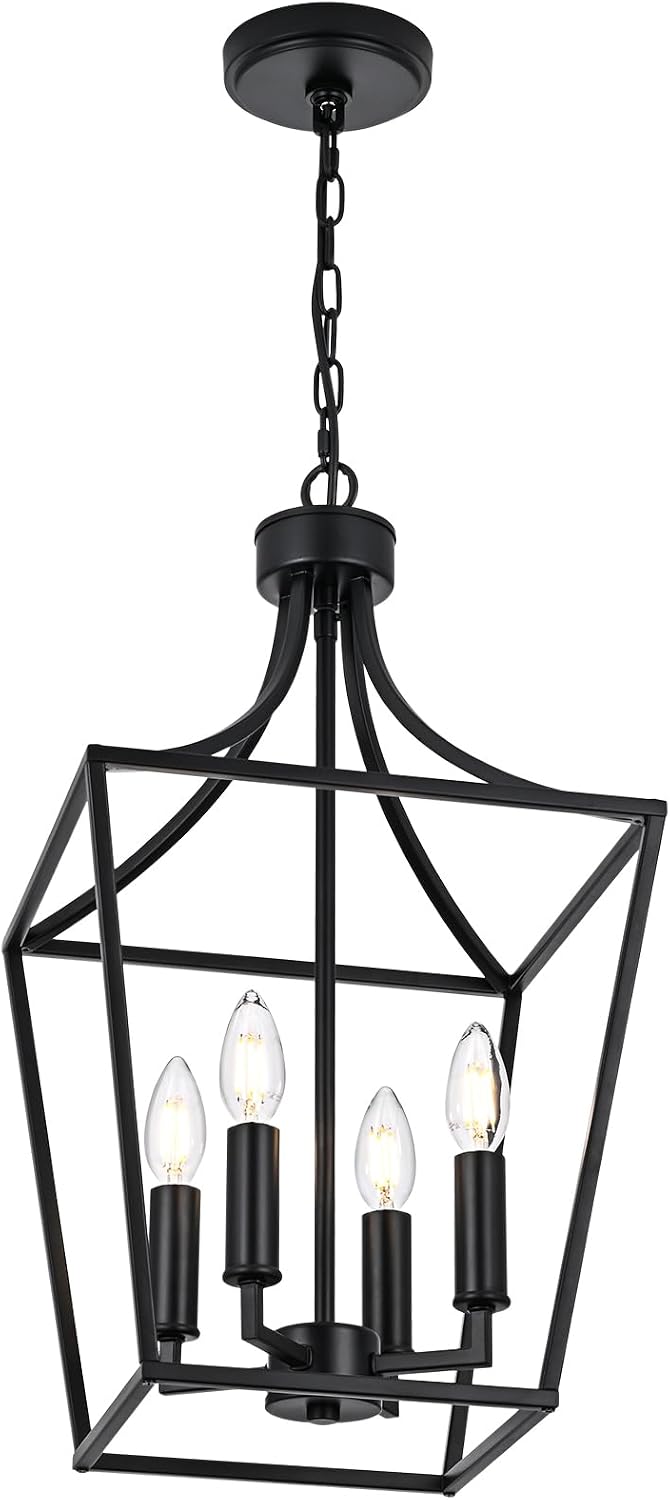 4-light farmhouse lantern chandelier, black pendant light fixture, front angle view