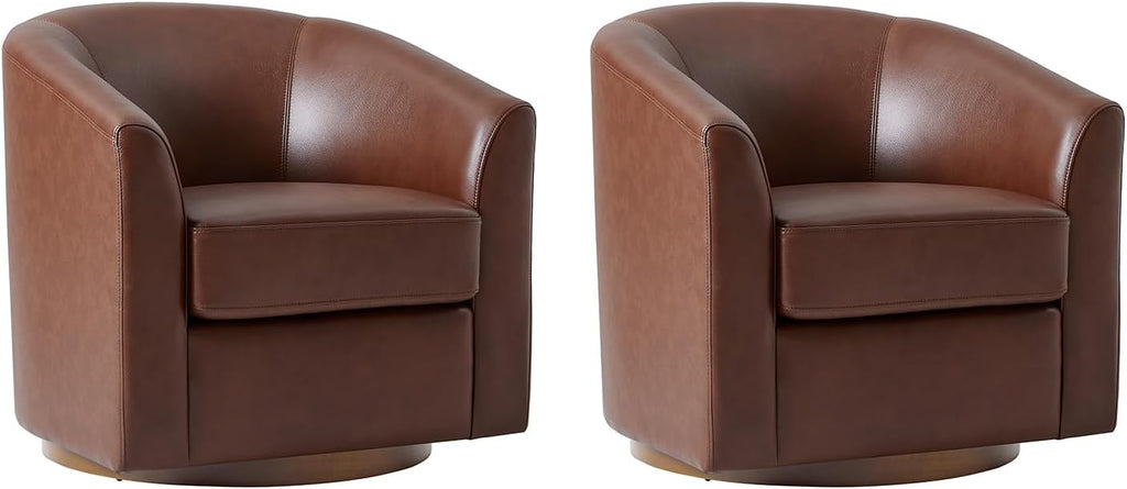HULALA HOME Genuine Leather Swivel Barrel Accent Chairs Set of 2, Brown