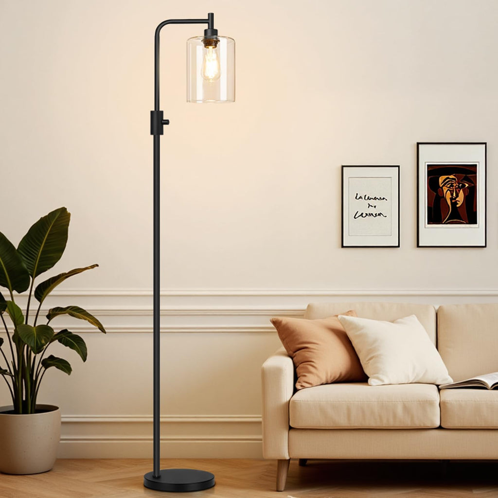 【Upgraded】 Dimmable Floor Lamp for Living Room with Clear Glass Lampshade, Black Modern Glass Floor Lamp with 900LM LED Bulb Included, Arc Standing Tall Lamp for Bedroom, Office, Reading Room, Corner