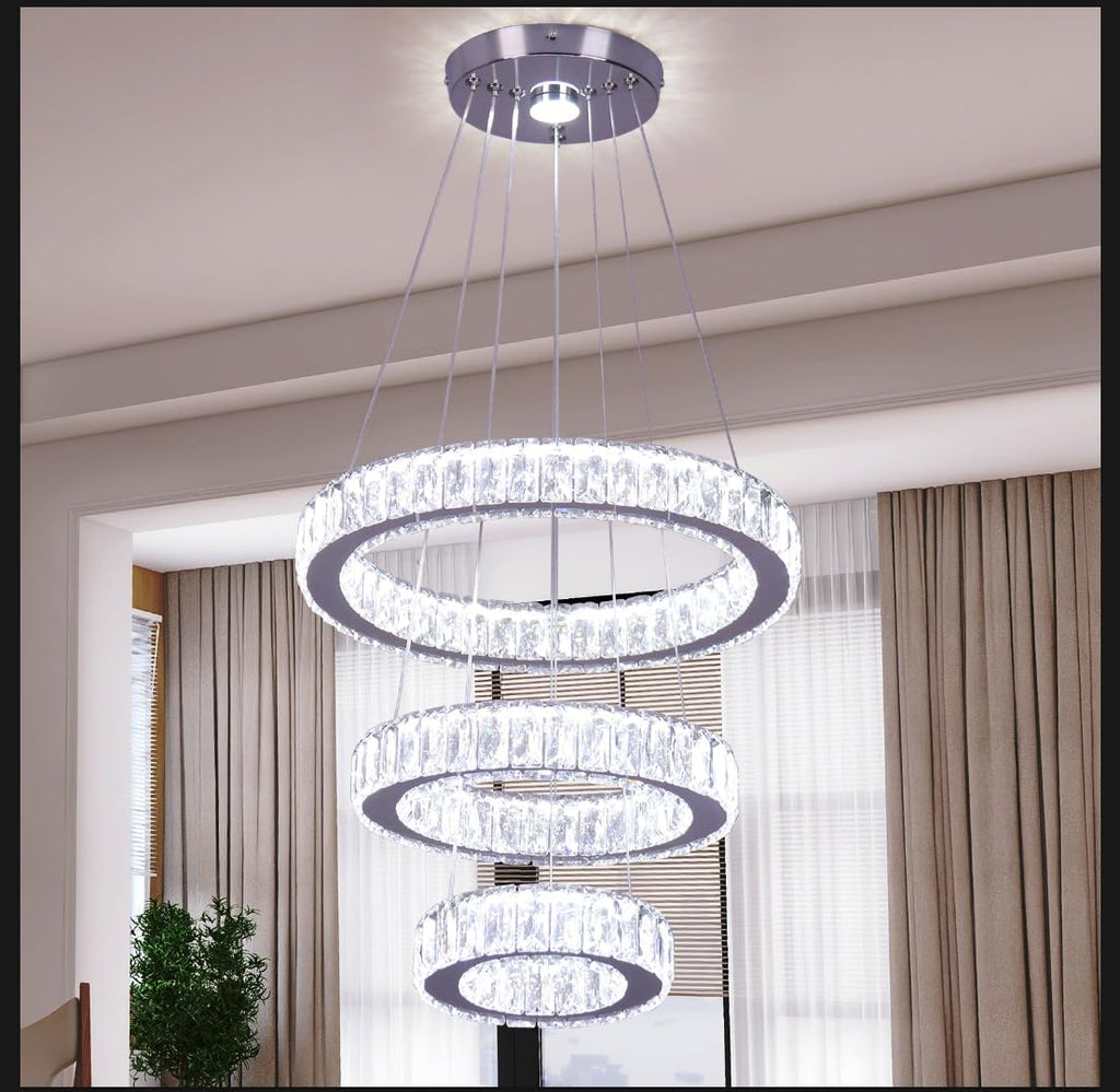 Modern 3-Ring Crystal LED Chandelier, 15.6" Pendant Light Fixture, 52W
