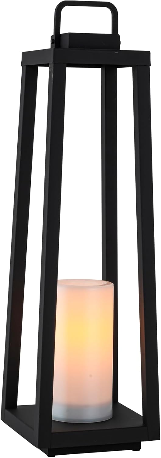 Integrated LED Solar Lantern Outdoor Large H24 Inch Black Metal Decorative Solar Light with Flickering Candle Waterproof Patio Lantern for Garden Pathway Porch Yard