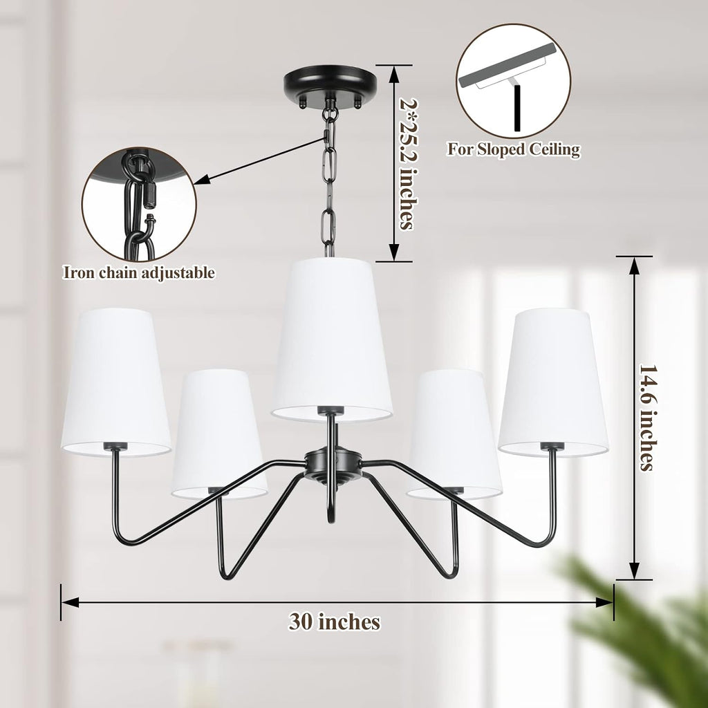 5-Light Black 30” Modern Chandelier with White Shades for Dining Room
