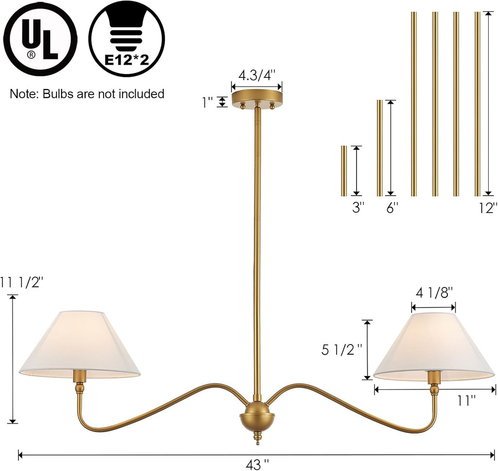 Modern Gold Linear Chandelier for Kitchen Island, 2-Light Linear Light Fixture with Off-White Fabric Shade, Rustic Pendant Light for Dining Room