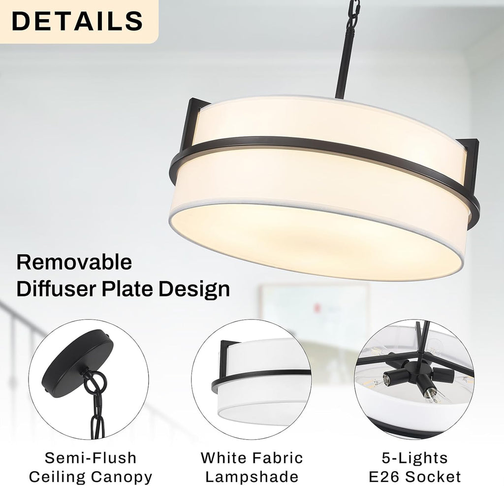 19.7" Black Drum Chandelier, Drum Pendant Light with White Linen Shade