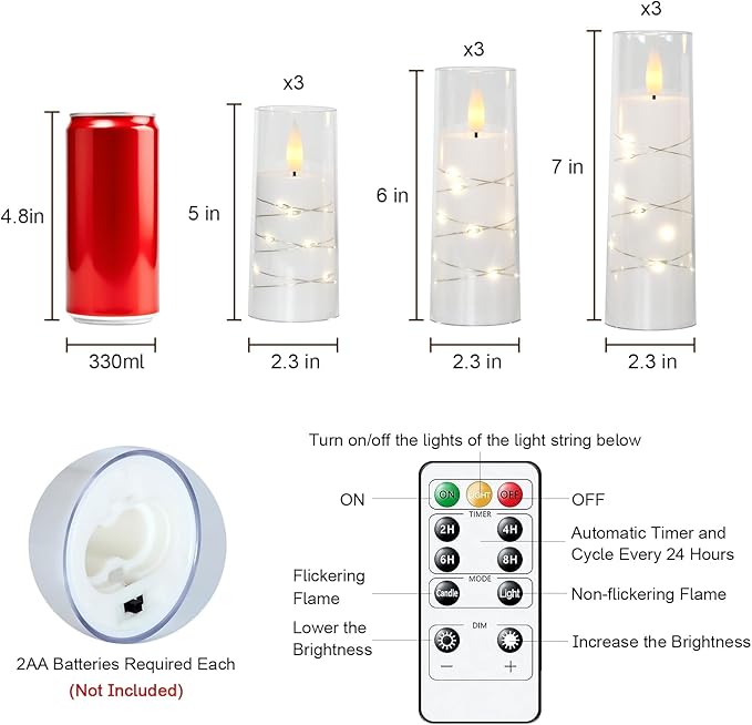Raycare Flameless Candle with Remote Timer – 9 Flickering Acrylic Battery Operated LED Pillar Candles with Embedded Star String for Halloween, Home Decor, and as a Gift (White) (9 Pcs)