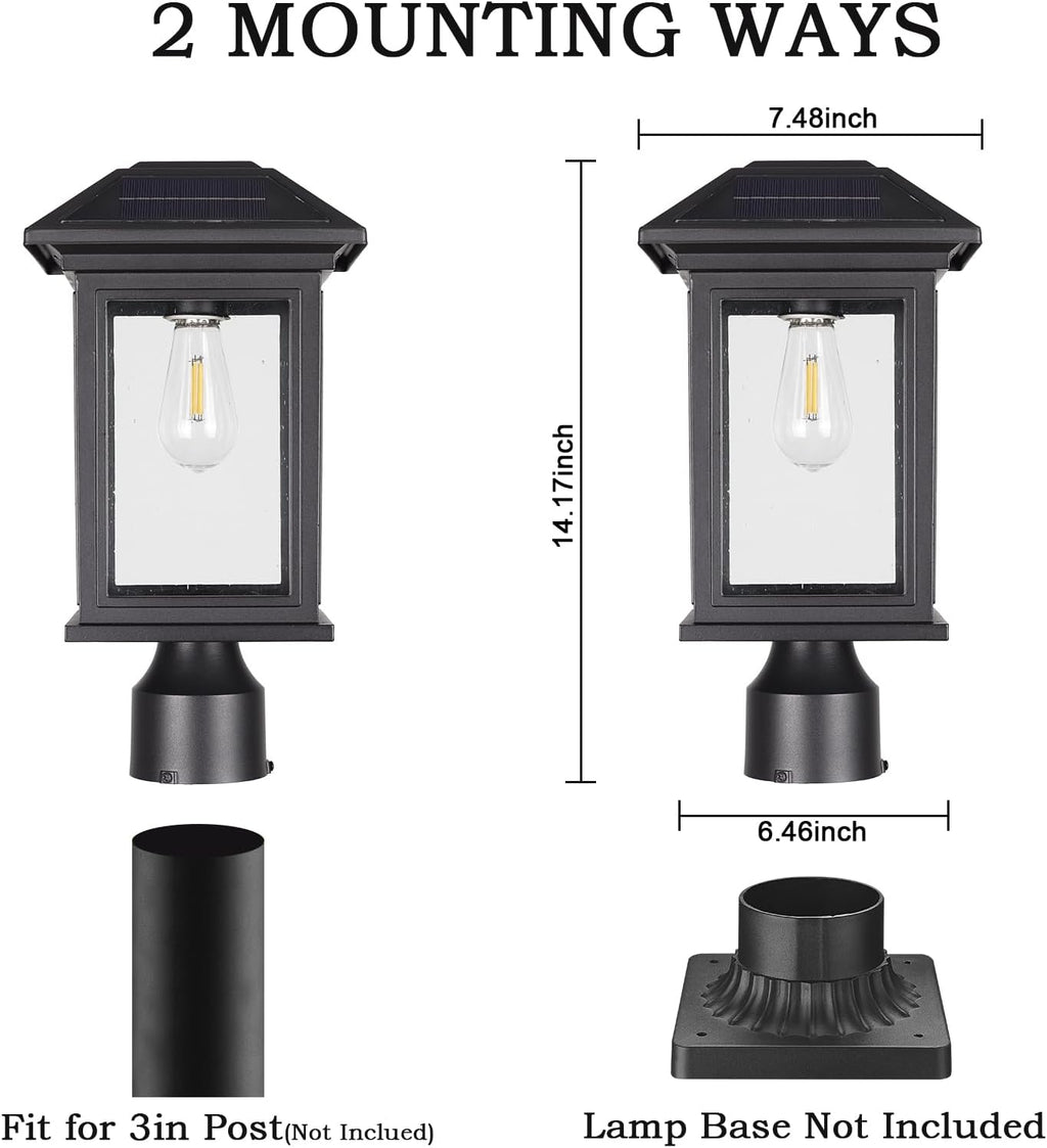solar post lights outdoor, waterproof anti-rust black pole, side view