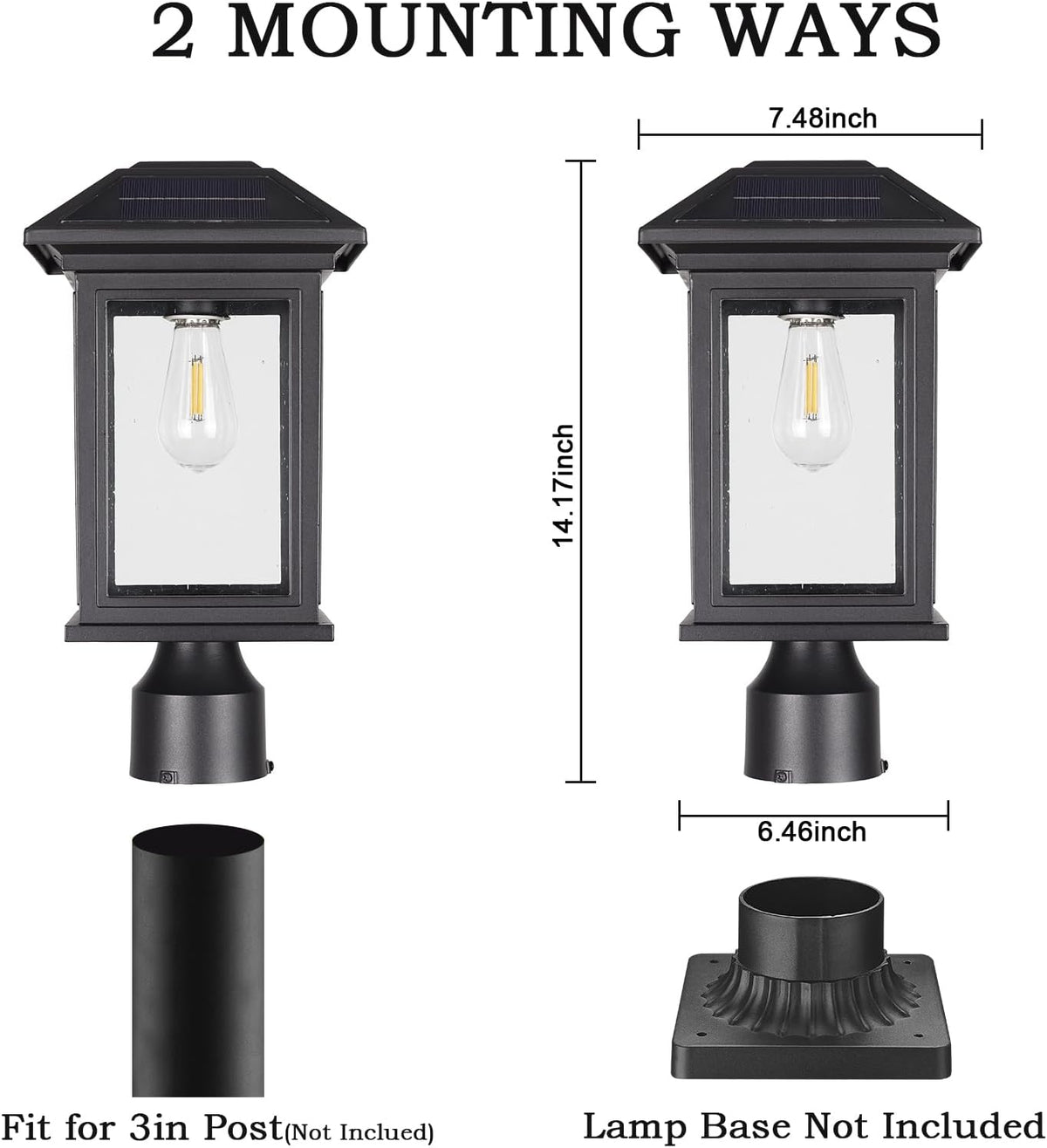 solar post lights outdoor, waterproof anti-rust black pole, side view