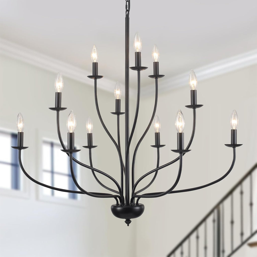 Black Chandelier 12 Light, Large Farmhouse Chandelier for Dining Room