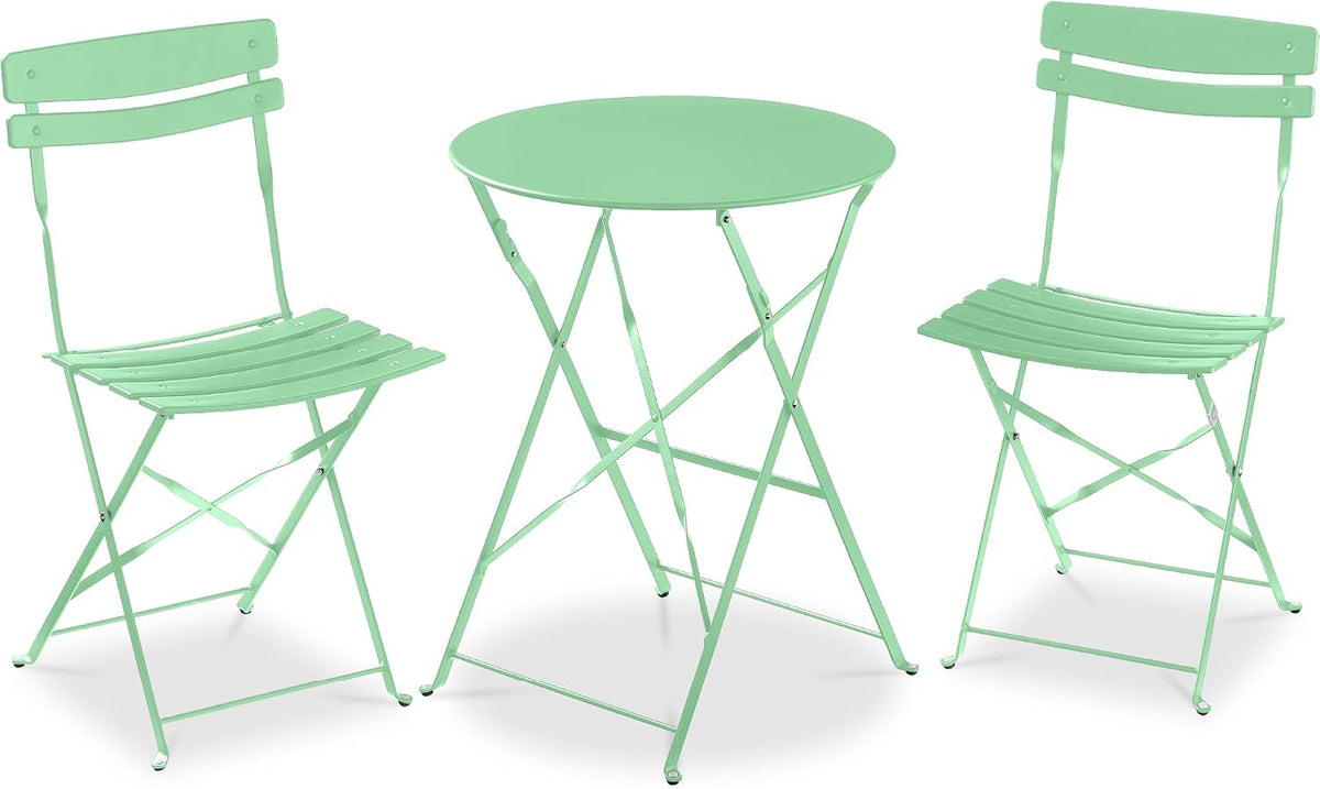 Best Choice Products 3-Piece Bistro Set, Space Saving Folding Design, Solid Steel, Outdoor Patio Furniture Set w/ 2 Chairs, Bistro Table - Mint Green
