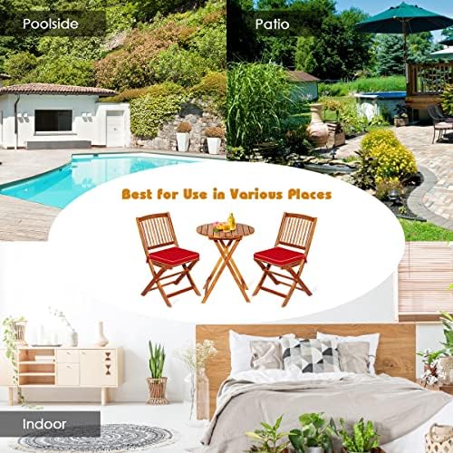 ORALNER 3-Piece Acacia Wood Folding Patio Bistro Set, Small Outdoor Balcony Furniture, Round Coffee Table and 2 Chairs with Soft Cushions, Teak Table Set for Porch, Backyard, Deck (Red)