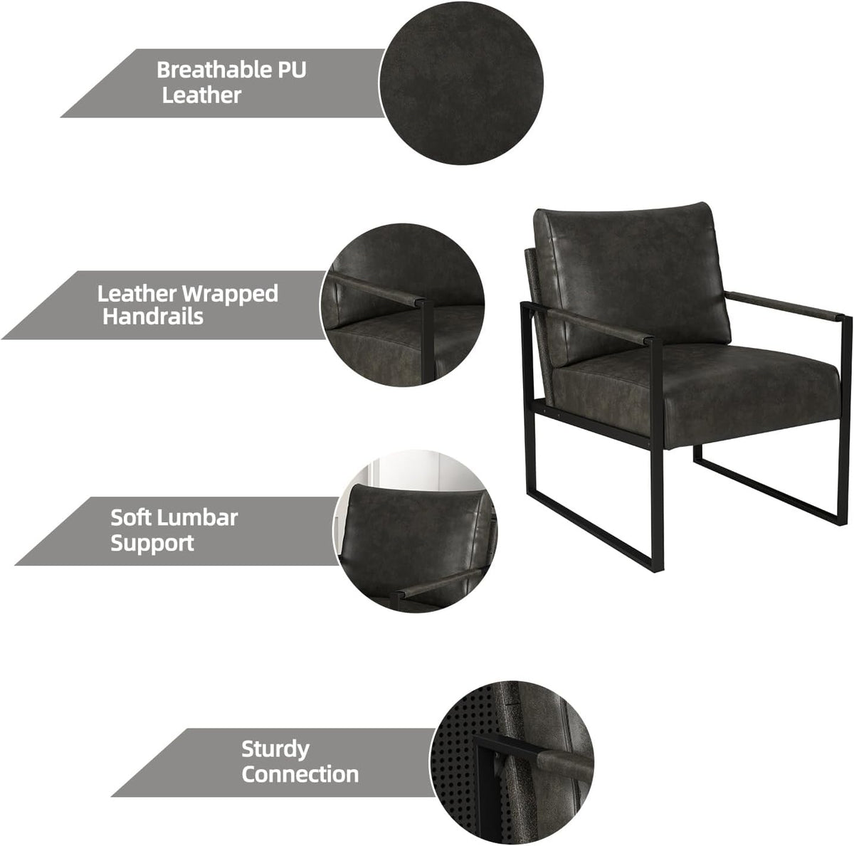 INZOY Leather Accent Chair with Metal Frame, Comfy Living Room Chair with Plump Cushion and Backrest, Mid Century Modern Chair with Sturdy Structure, Easy to Clean, Dark Grey