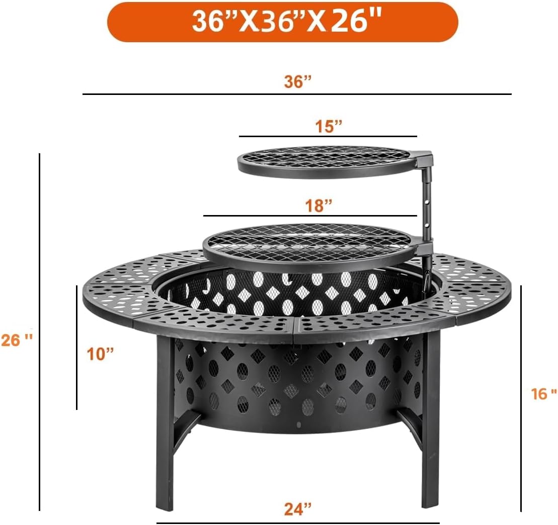 OutVue 36 Inch Fire Pit with 2 Grills,Wood Burning Fire Pits for Outside