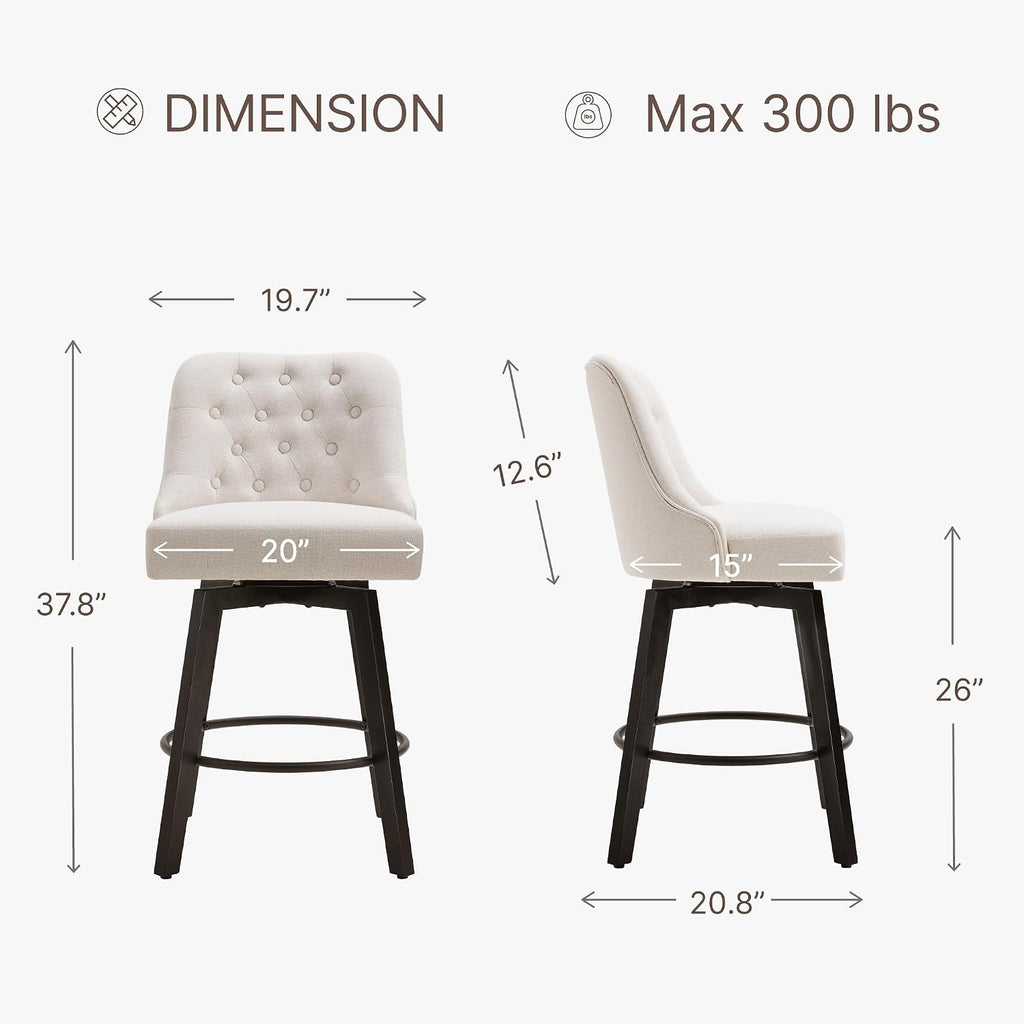 KISLOT Swivel Bar Stools with Back, 26" Counter Height, 2-Pack Linen