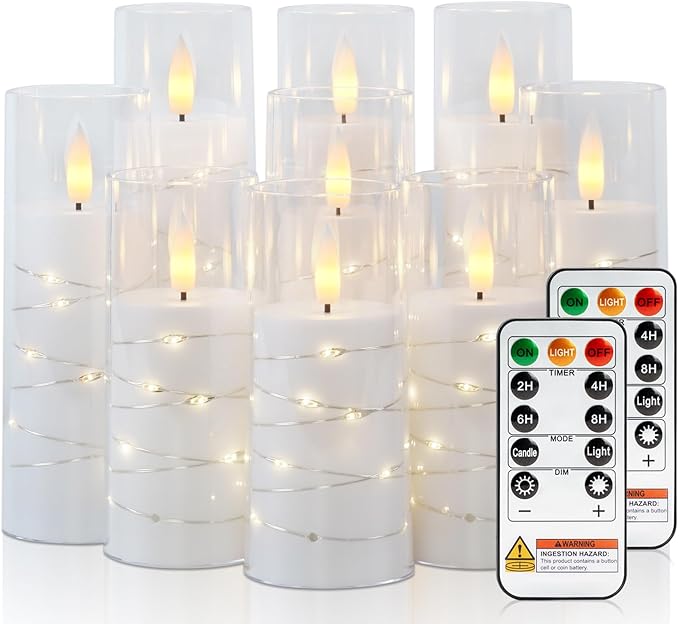 Raycare Flameless Candle with Remote Timer – 9 Flickering Acrylic Battery Operated LED Pillar Candles with Embedded Star String for Halloween, Home Decor, and as a Gift (White) (9 Pcs)