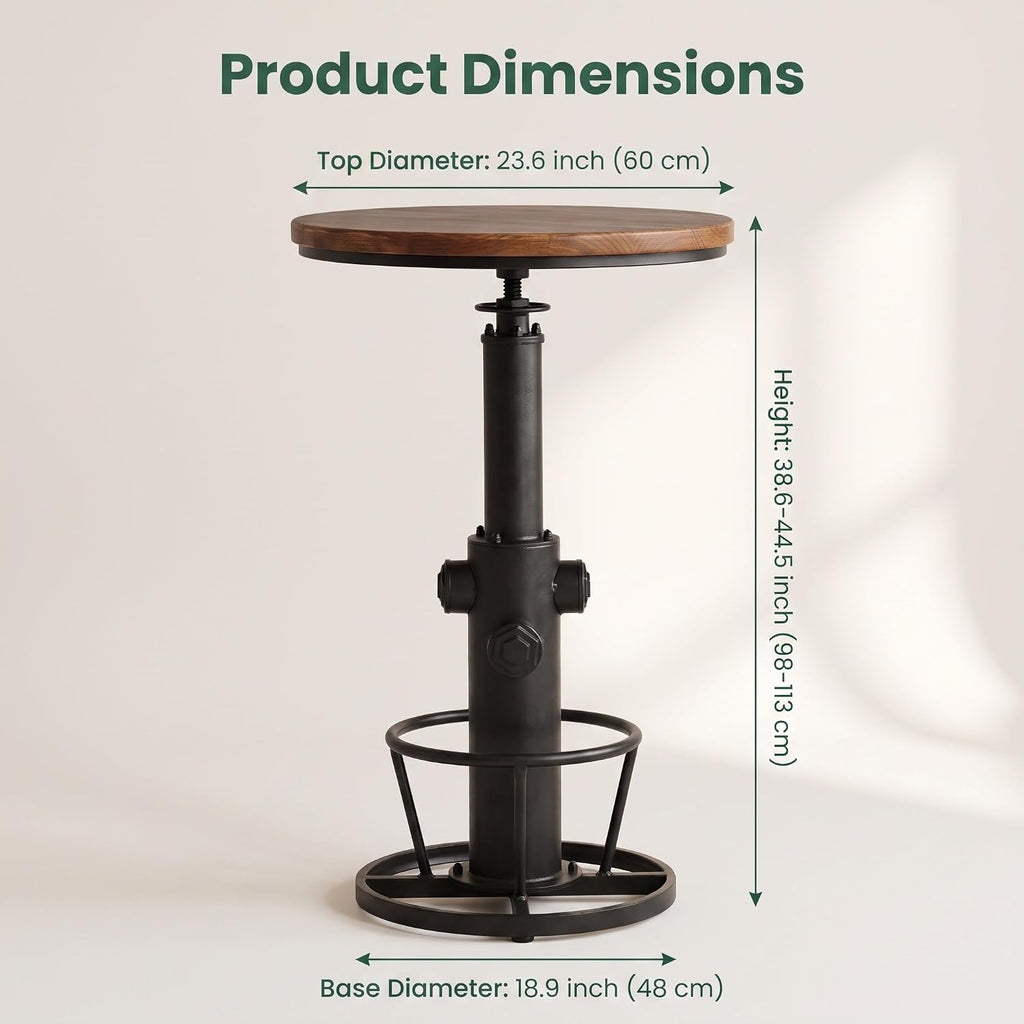 Vintage Bistro Table Height Adjustable 38.6-44.4inch Industrial Bar Table for Kitchen Dining Room Coffee House Pub Office Swivel Round Wooden Top for 2-3 People