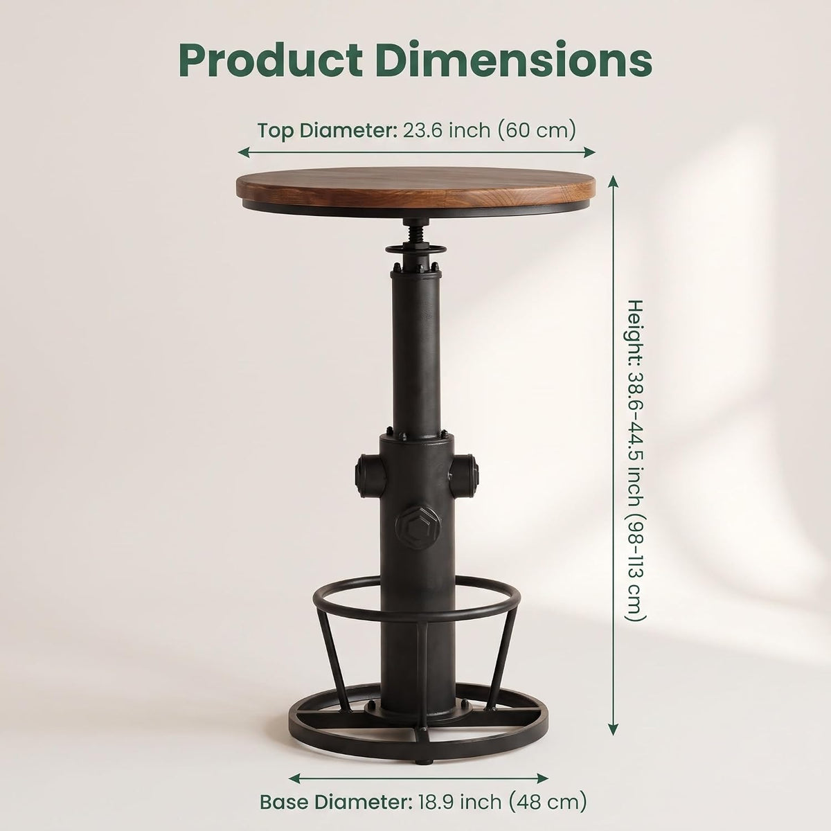 Vintage Bistro Table Height Adjustable 38.6-44.4inch Industrial Bar Table for Kitchen Dining Room Coffee House Pub Office Swivel Round Wooden Top for 2-3 People