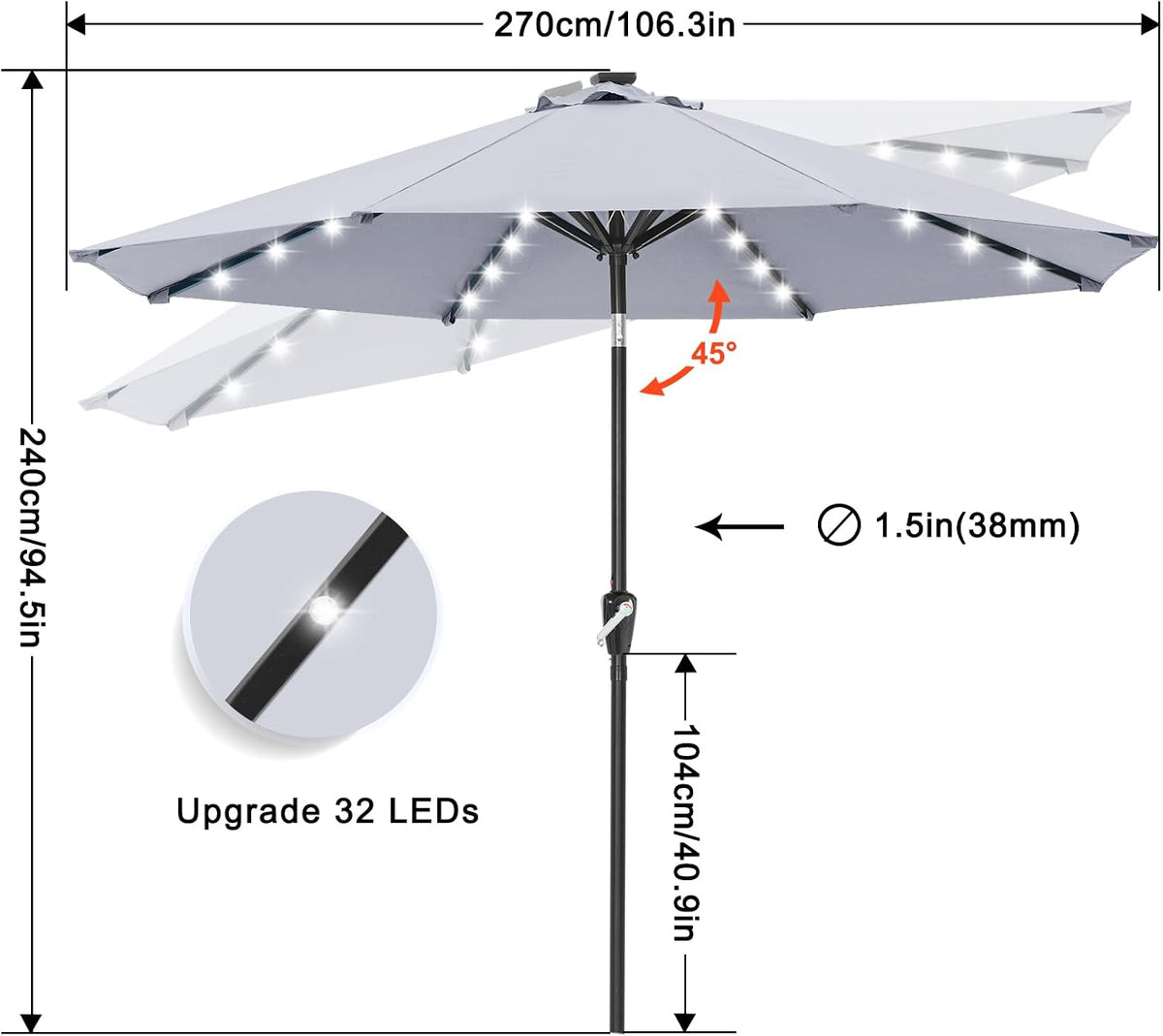 ABCCANOPY Solar Led Patio Umbrella with 32 Lights 9FT(Light Gray)