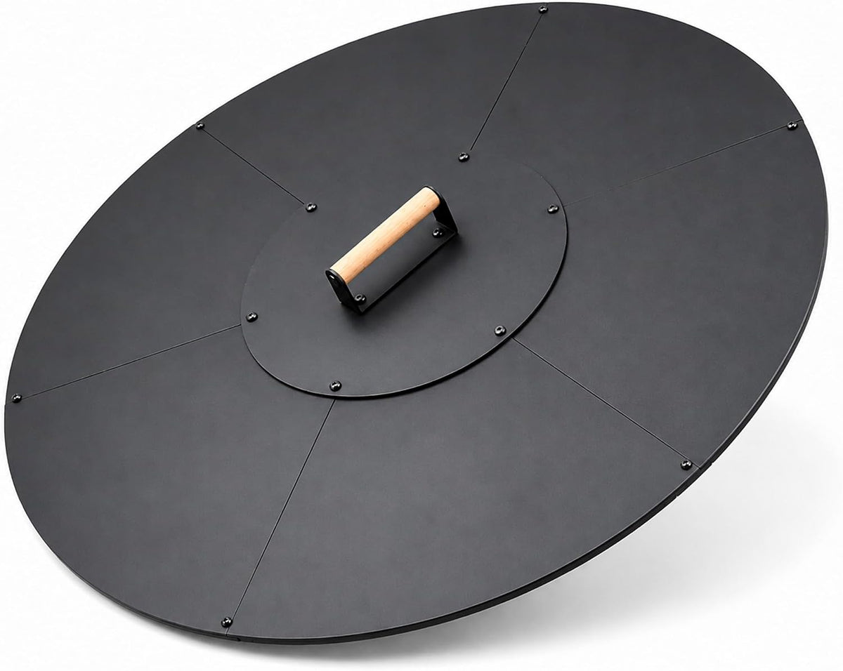 34 in Round Fire Pit Lid, 1.5 mm Steel Cover with Wooden Handle