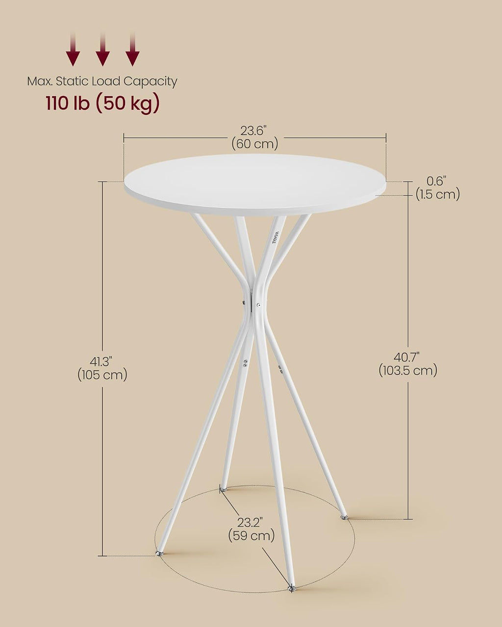 vasagle bar table, round cocktail high top pub, close-up detail