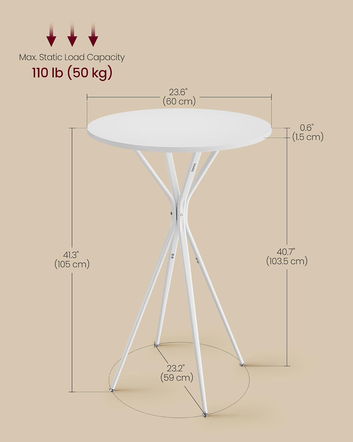 vasagle bar table, round cocktail high top pub, close-up detail