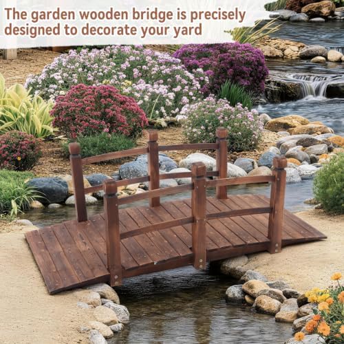 Outvita 5FT Stained Wooden Garden Footbridge with Safety Railings