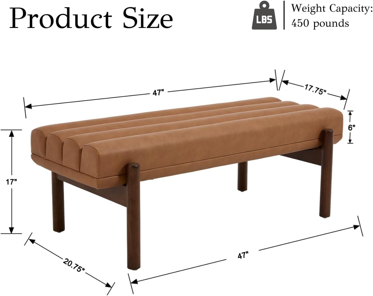 EALSON 47 Inch Entryway Bench Leather Upholstered End of Bed Bench Bedroom Bench with Cylindrical Cushion and Walnut Legs Modern Comfy Long Ottoman Bench for Bedroom Living Room, Brown