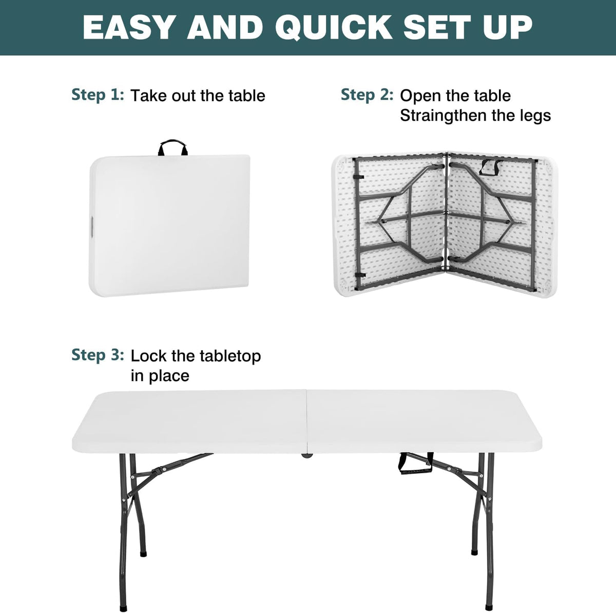 FDW | 6FT Folding Table | White | Portable Plastic Table