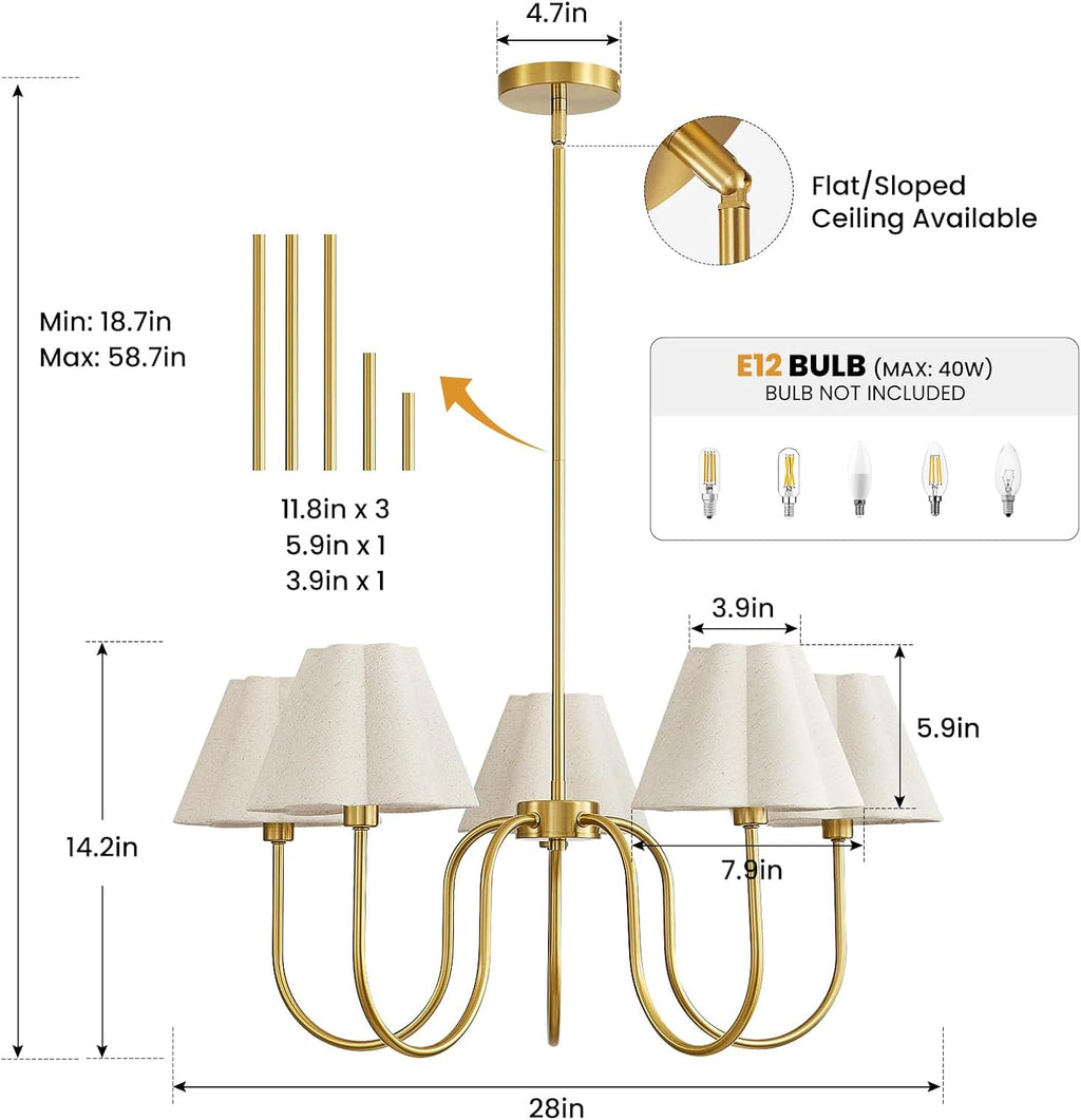 Brass Gold Chandeliers for Dining Room, 28"Light Adjustable Antique Modern Gold Chandelier Light Fixture with Scalloped Linen Fabric Shade, Classic Kitchen Pendant Lights over Table for Bedroom