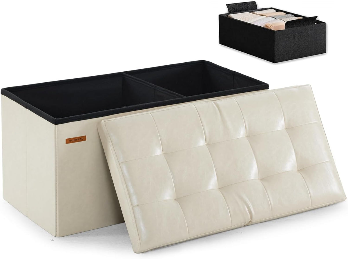 HAUSFRAU Ottoman with Storage Bench Folding Foot Rest Stool Ivory