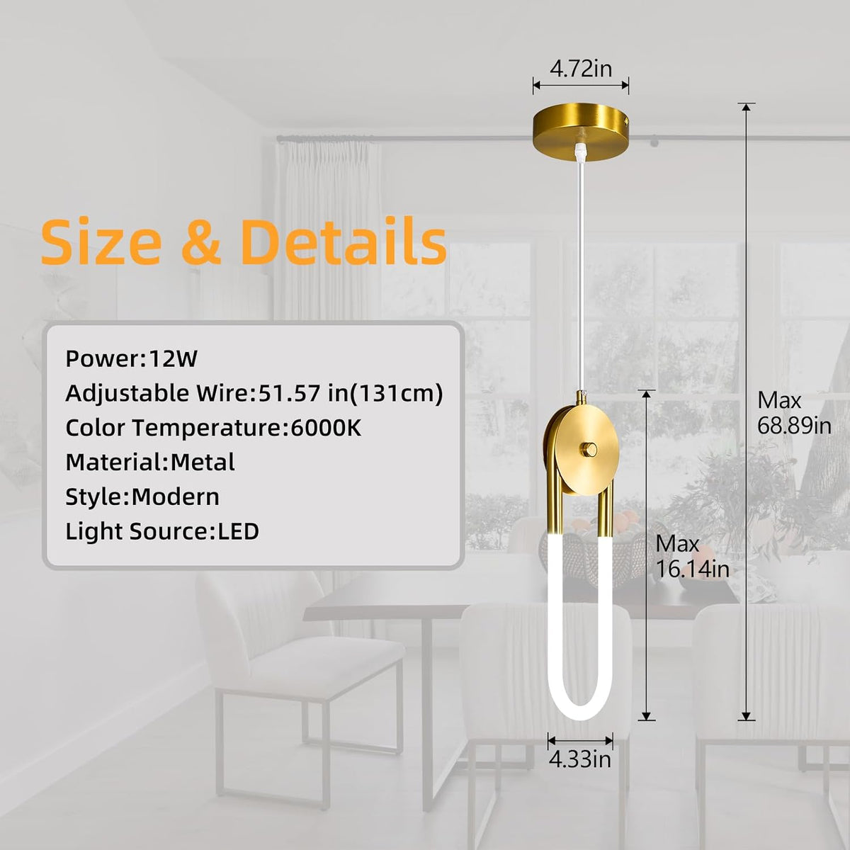 Modern Gold LED Pendant Light Fixture Oval Adjustable Pendant Lighting for Kitchen Island Living Room Dining Room Bedroom（2 Pack）