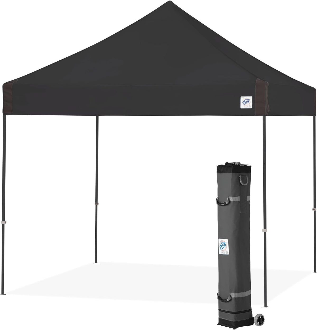 E-Z UP 10x10 Vantage Pop Up Canopy Tent, Steel Frame, Black Top, Wide-Trax Roller Bag & Spike Kit
