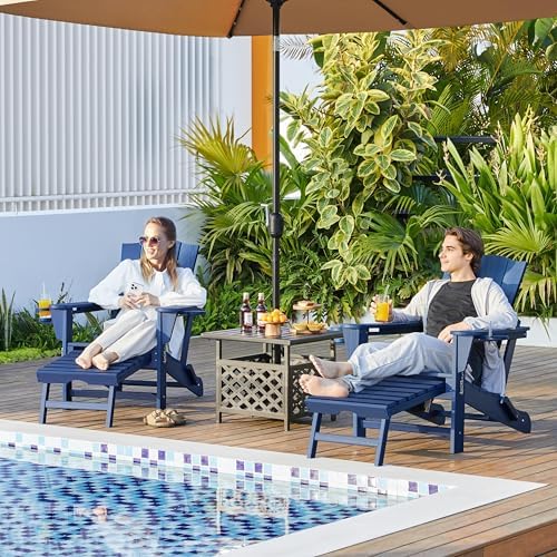 Yaheetech Adirondack Chairs 1pcs Outdoor Folding Set with Ottoman,Navy Blue