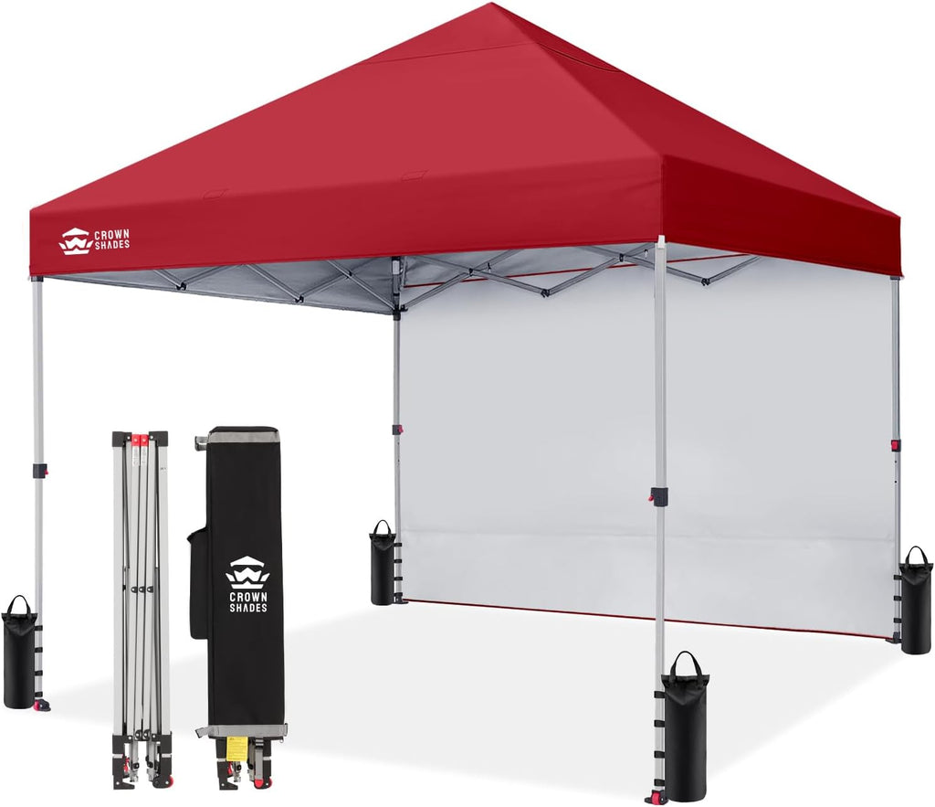 CROWN SHADES 8x8 Pop Up Canopy with 1 Side Wall, Beach Canopy Tent, Red