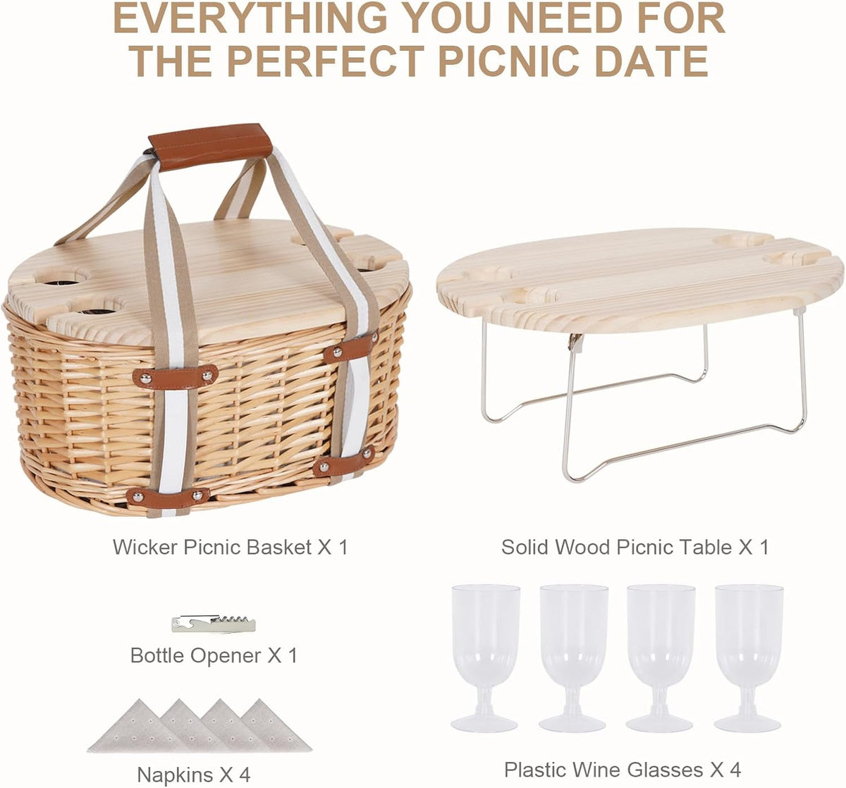Picnic Basket Set for 4 - Wicker Insulated Picnic Basket