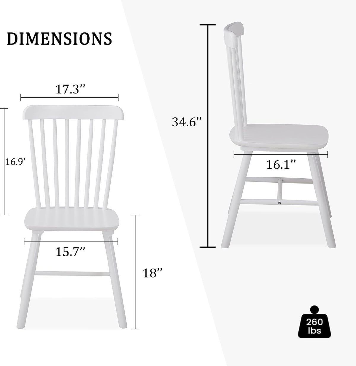 Dining Chairs Set of 6, Farmhouse Solid Wood Windsor Kitchen Chairs Set with Spindle Back for Restaurant Dining Room (6, White, 17.3" W x 16.1" D x 34.6" H)