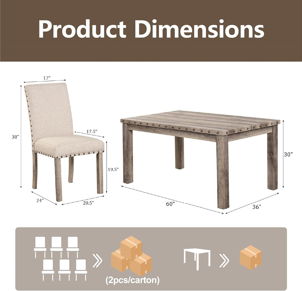 Modern Fort 7-Piece Farmhouse Dining Table Set for 6, 60" Rectangular Wood Dining Table with 6 Upholstered Chairs, Nailhead Trim, Kitchen Table with Chairs Set for Dining Room & Breakfast Nook