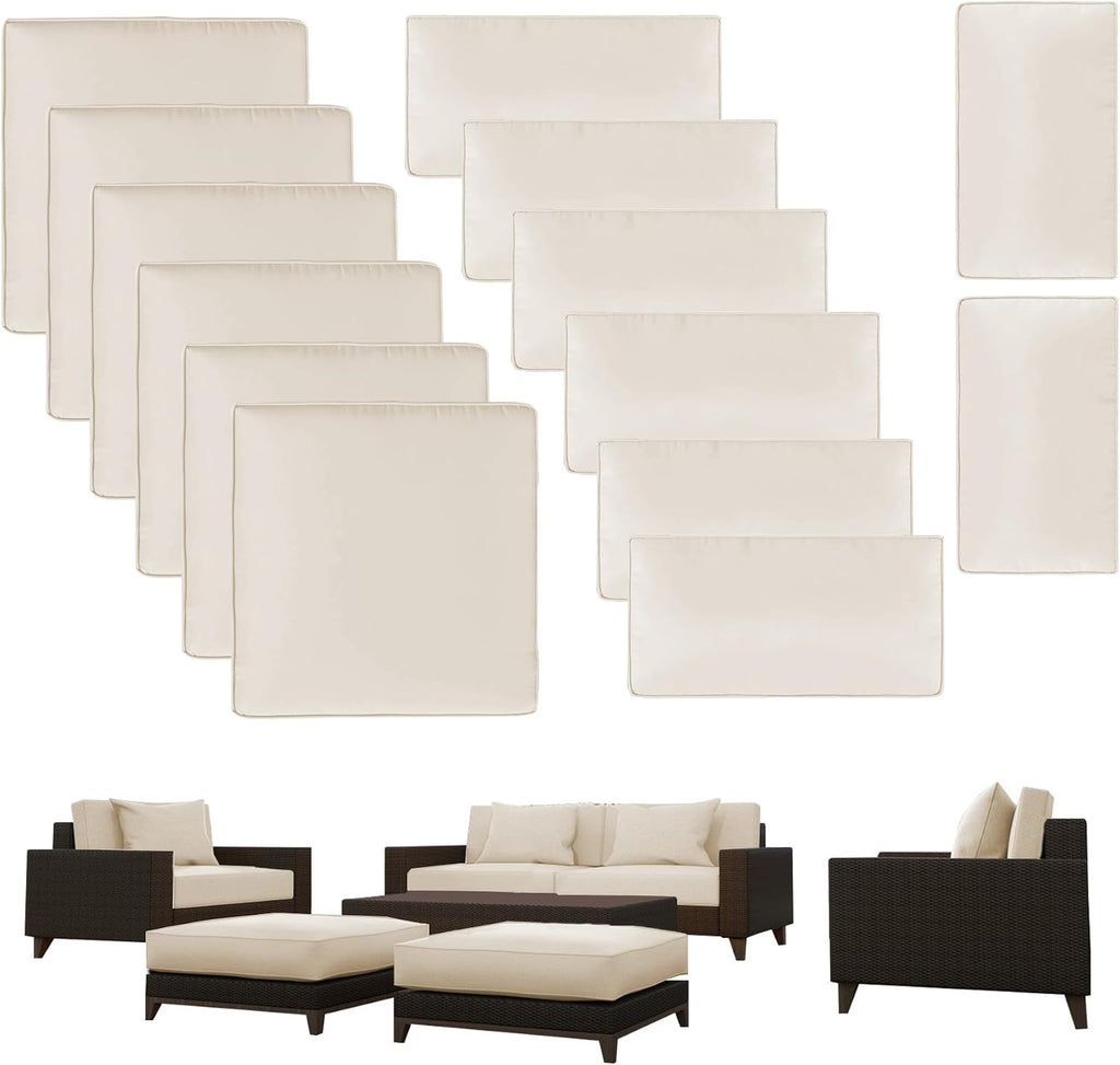 ELFWARRIOR Patio Cushion Covers Set 14pcs,Waterproof Outdoor Furniture Cushion Covers with Zipper,Washable Reusable Seat Cushion Replacement Slipcovers for Patio Furniture Protector-Beige
