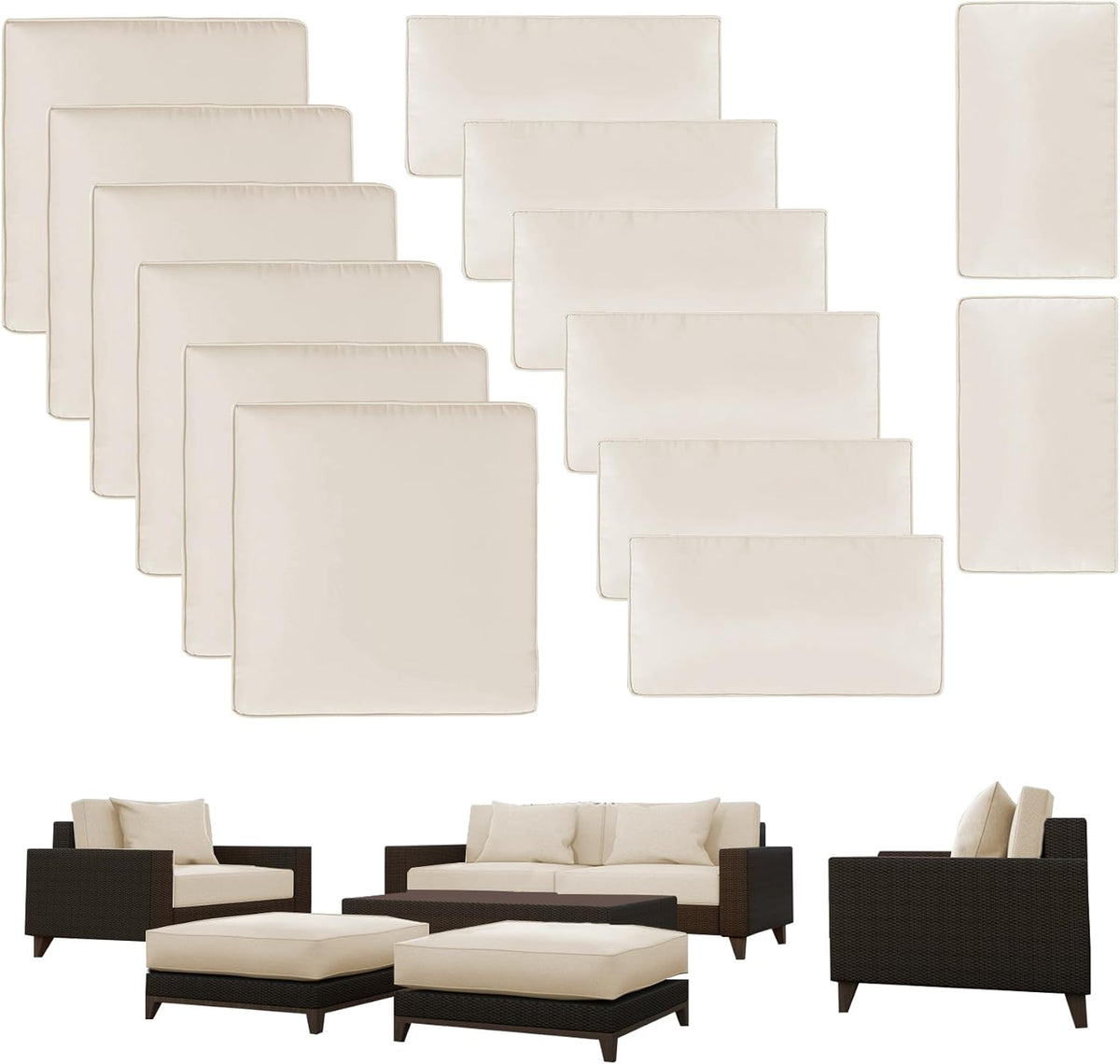 ELFWARRIOR Patio Cushion Covers Set 14pcs,Waterproof Outdoor Furniture Cushion Covers with Zipper,Washable Reusable Seat Cushion Replacement Slipcovers for Patio Furniture Protector-Beige