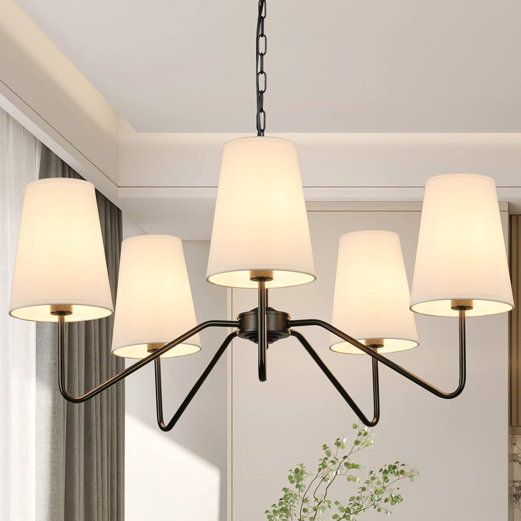 5-Light Black 30” Modern Chandelier with White Shades for Dining Room