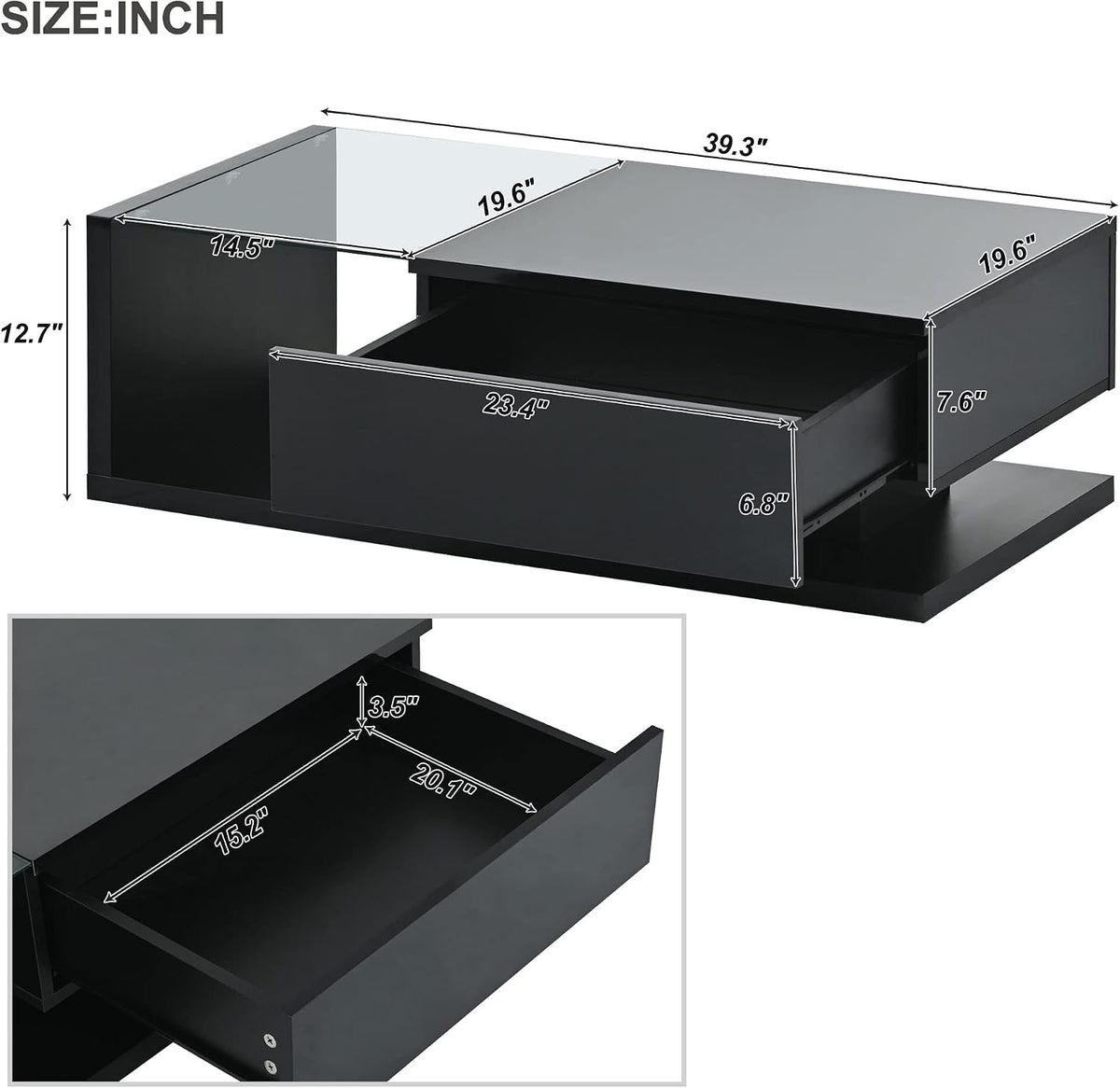 Modern Coffee Table with Tempered Glass, Wooden Cocktail Table with High-Gloss UV Surface, Modernist 2-Tier Rectangle Center Table for Living Room, Black