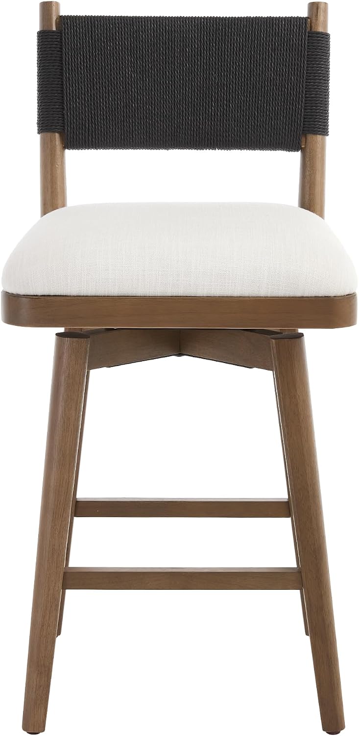 Swivel Counter Stools Set of 4, Linen Fabric Upholstered Kitchen Stool Chairs with Woven Rope Back and Solid Wood Legs, Rustic Armless Barstools 26" for Patio/Balcony, Black Rope
