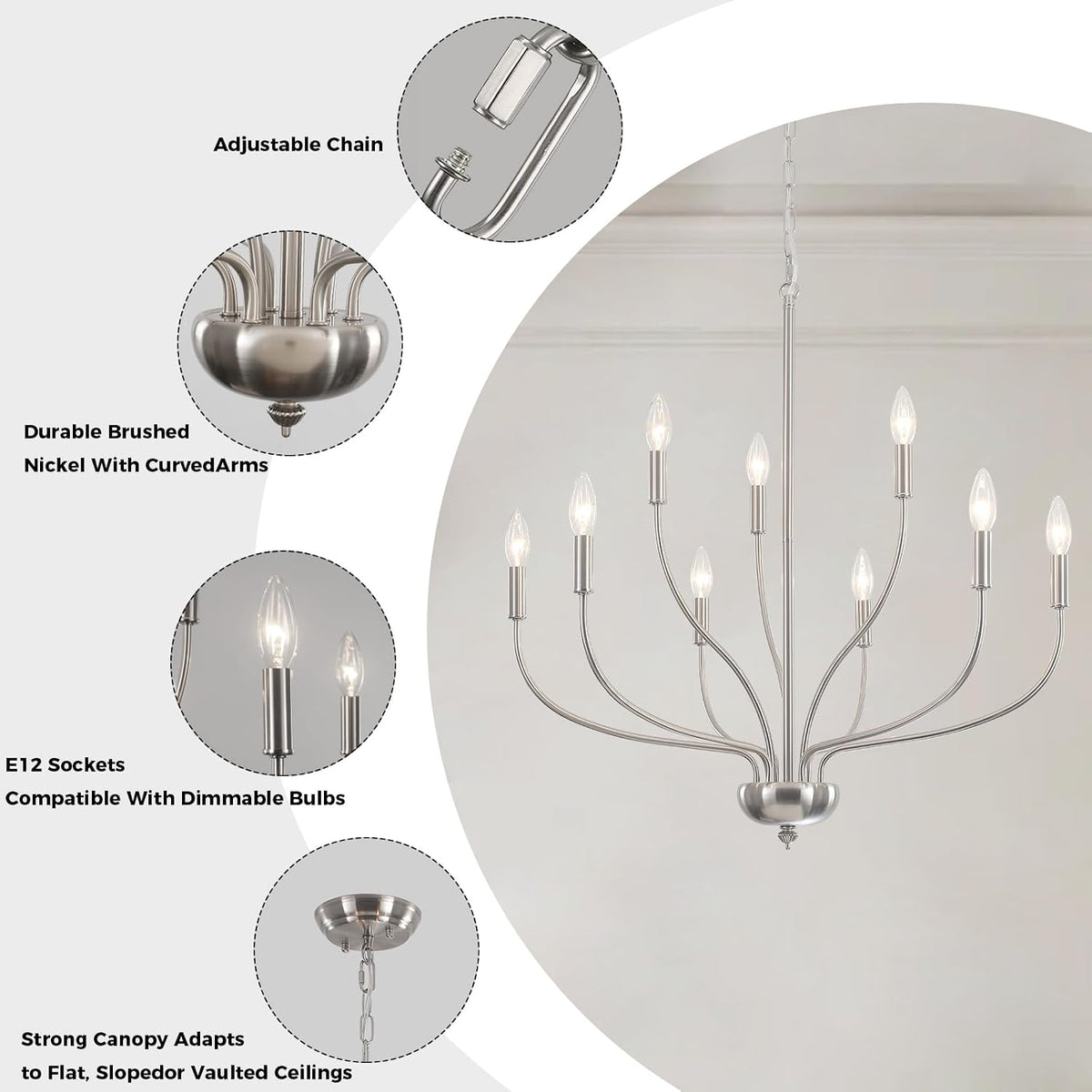Brushed Nickel Chandelier, 9-Light Farmhouse Chandelier for Dining Room Lighting Fixture, 28'' Rustic Industrial Modern Candle Chandelier for Bedroom, Kitchen, Living Room, Foyer and Hallway
