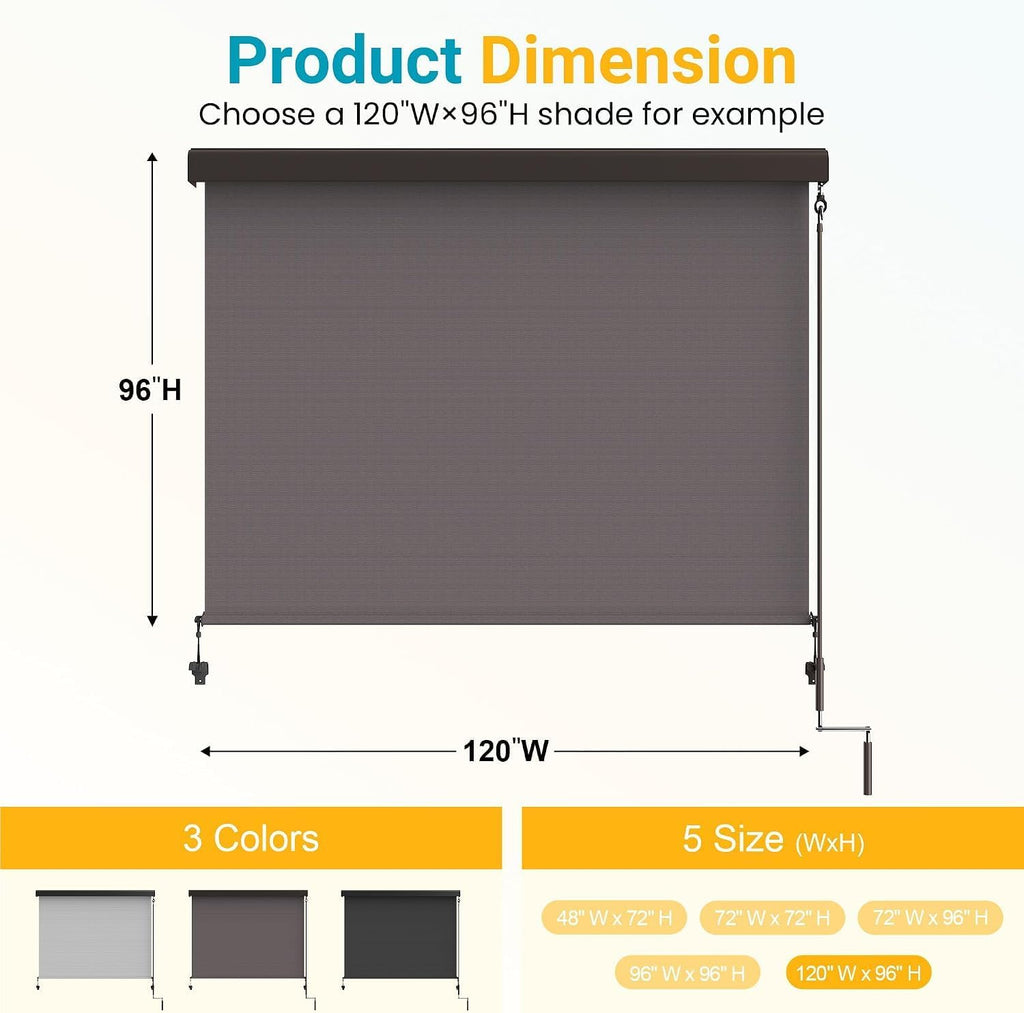 10'W x 8'H Integrated Outdoor Roller Shade for Sun & Privacy Protection