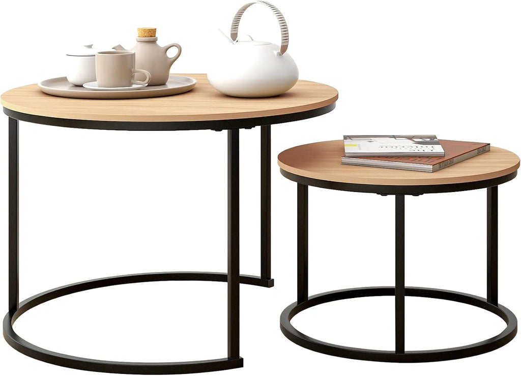 HOJINLINERO Round Nesting Coffee Table Set of 2,Cocktail Table,Large,Oak