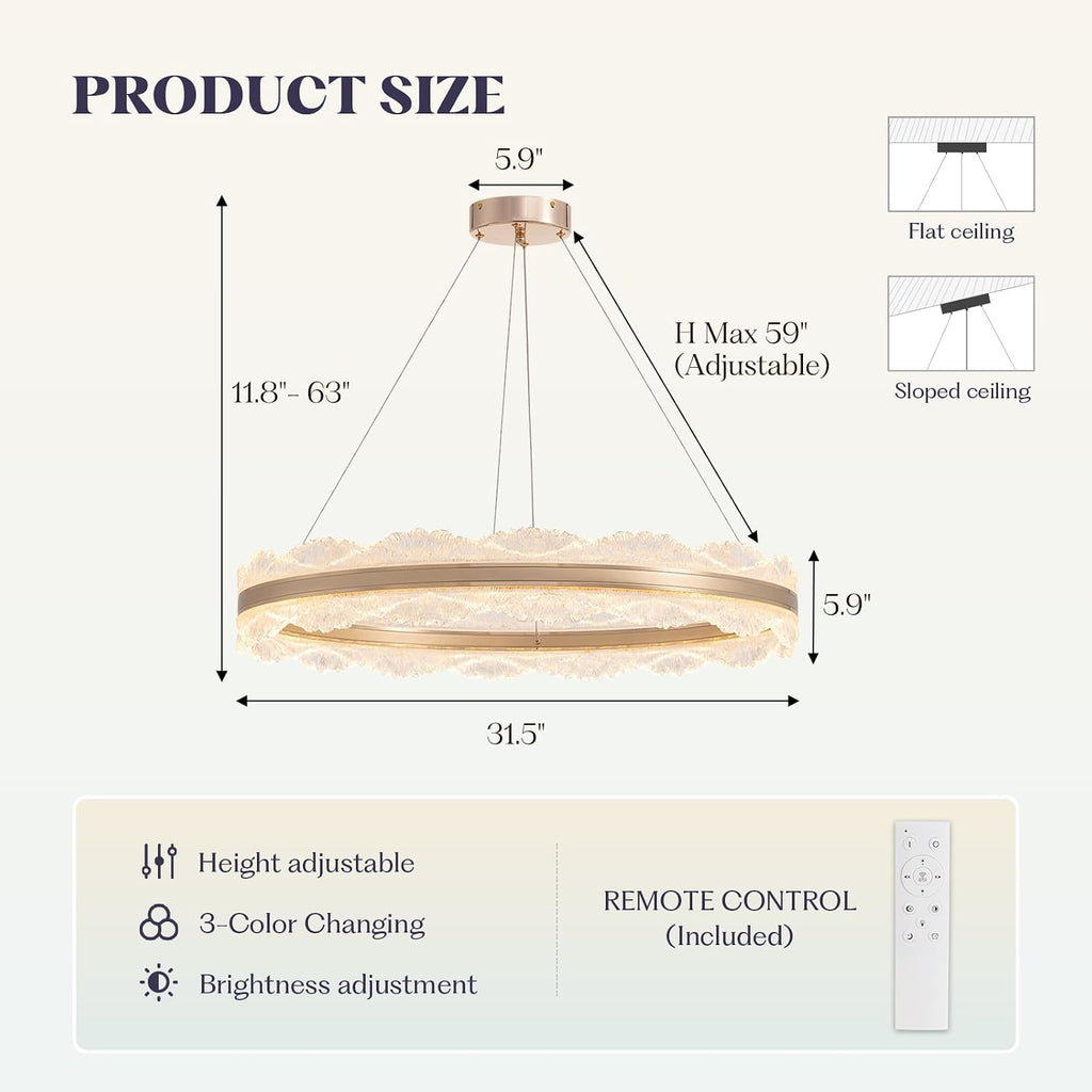 Gold Chandelier 31.5" Modern Ring Chandelier, Dimmable LED Chandeliers with Remote, Round Chandeliers Adjustable Hanging Lights Luxury Ceiling Pendant Lighting Fixtures for Dining Room Living Room