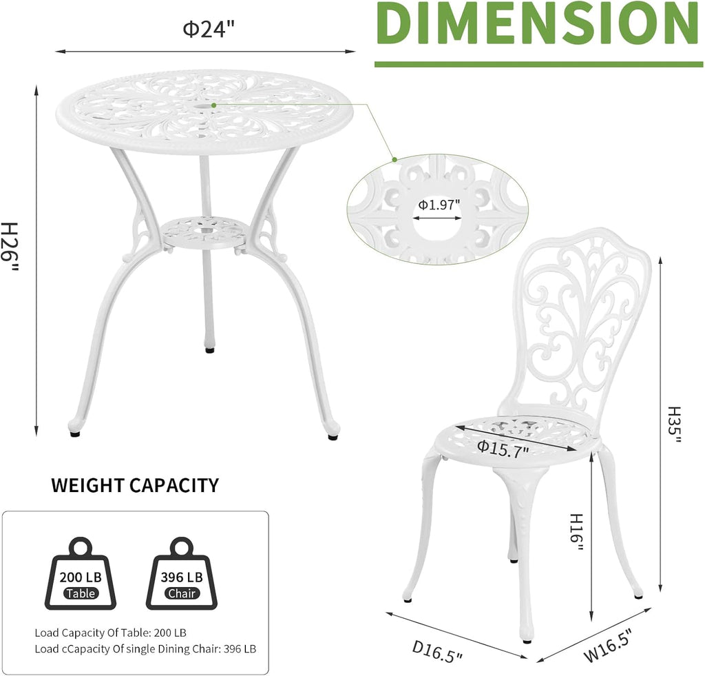 Bistro Set 3 Piece Outdoor Cast Aluminum Patio Bistro Set with Umbrella Hole, All Weather Bistro Table and Chairs Set, Small Patio Furniture Set for Garden, Porch,White