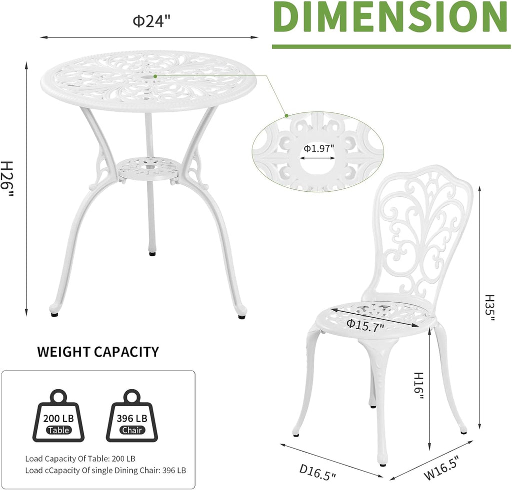3 Piece Patio Set Outdoor Cast Aluminum Patio Bistro Table and Chairs Set of 2,All Weather Outdoor Bistro Sets with 1.97" Umbrella Hole for Front Porch Set,Garden(White)