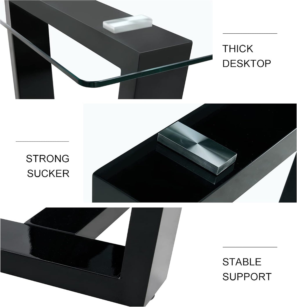 Ebullient Glass Dining Table, Modern Dining Table, 63" Tempered Glass Tabletop with Black MDF Trapezoid Legs, Rectangle Kitchen Table for 4-6 Person, Ideal for Kitchen, Dining Room, Home, Apartment