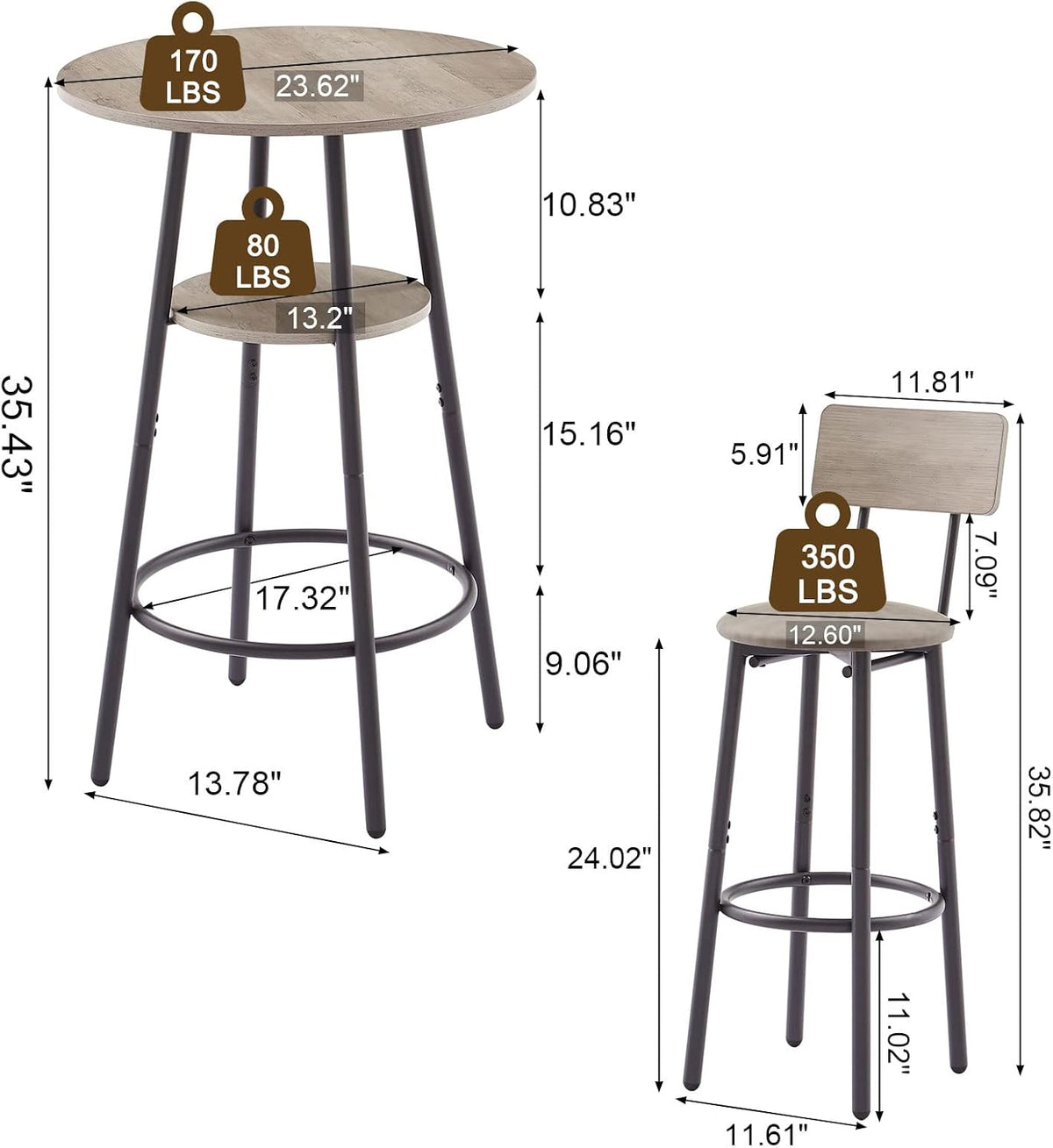 GNIXUU 3 Piece Bar Table Set, 2-Tier Round Pub Dining Set Wooden Bistro Table with 2 PU upholstered Stools Counter Height Kitchen Table Set for Breakfast Nook, Restaurant, Small Space(Grey)