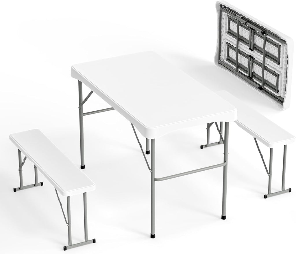 VINGLI Picnic Table Set with 2 Benches, 6 Feet Camping Table Chair Set, Heavy-Duty HDPE Material with Metal Frame, 3-Piece Folding Furniture for Indoor or Outdoor Use (3.5ft White)